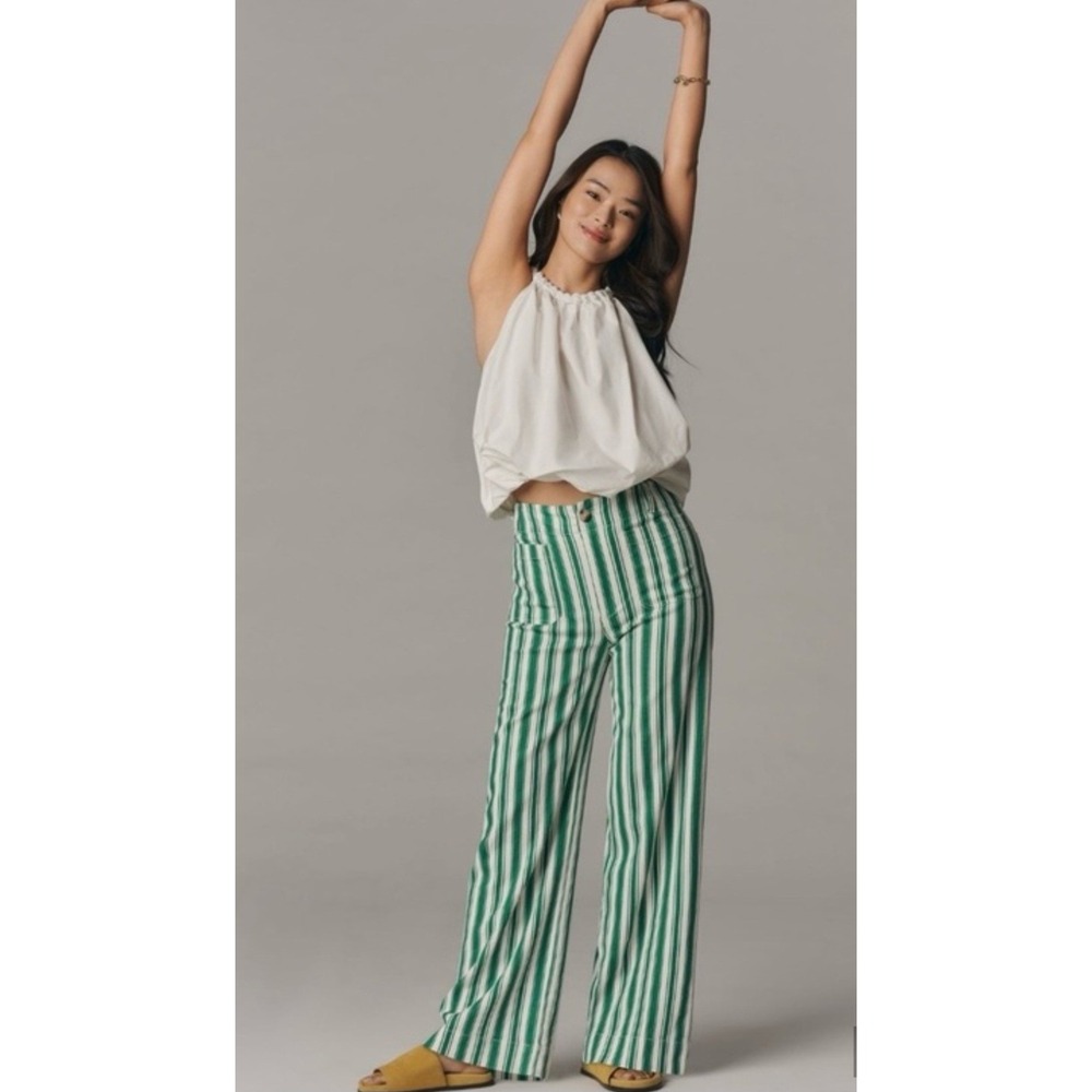 Maeve Anthropologie Colette Pant Full Length Women's 29 Green Stripe Linen Blend